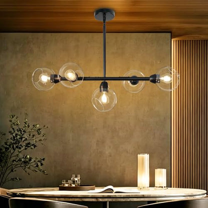Linear Chandelier for Dining Room with Open Glass Globe Lampshade 13Lights Linear Chandelier Pendant Light