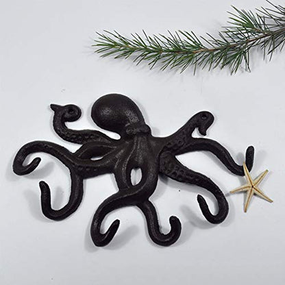 Cast Iron Coat Hooks Rustic Octopus Key Holder Heavy Duty Hooks Wall Mounted with 6 Tentacles for Keys