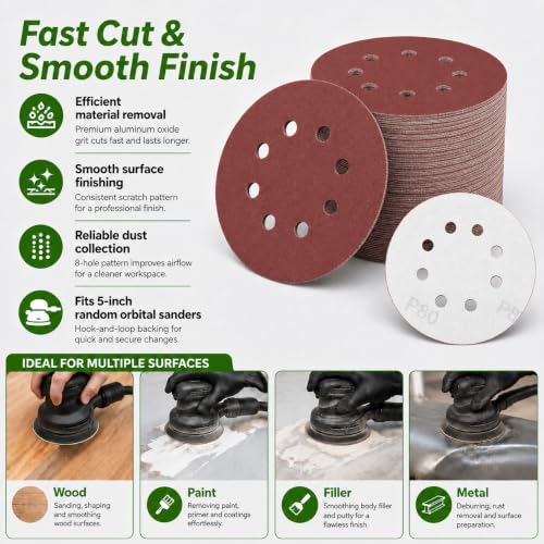 100 Pcs 5 Inch 8 Hole Sanding Discs