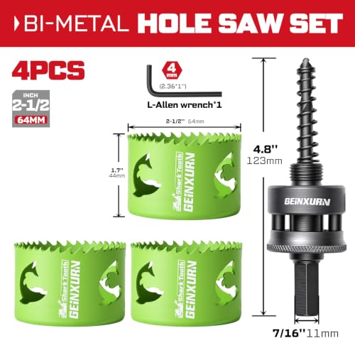 2-1/2 in(64mm) Hole Saw Set, HSS Bi-Metal Hole Cutter with Arbor and Hex Wrench, 5PCS Hole Saw Kit for Wood, Drywall, PVC Boards, Thin Metal & Plastic (5 PCS 2-1/2" Hole Saw Set)