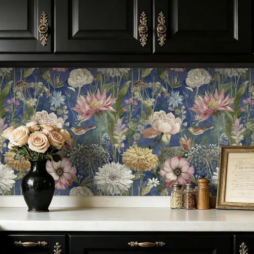 Vintage Floral Wallpaper Peel and Stick Dark Blue Floral Peel and Stick Wallpaper Boho Flower Leaf Contact Paper Bird Self