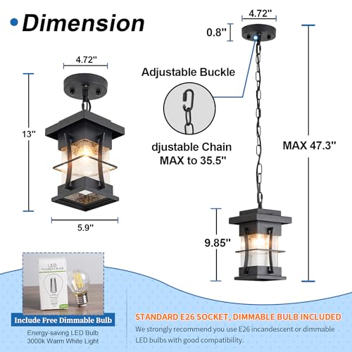 Outdoor Pendant Light Black Mission Style Hanging Lantern with Seeded Glass Waterproof Outdoor Ceiling Mount Light