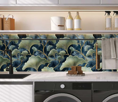 Dark Blue Ginkgo Leaf Peel and Stick Wallpaper