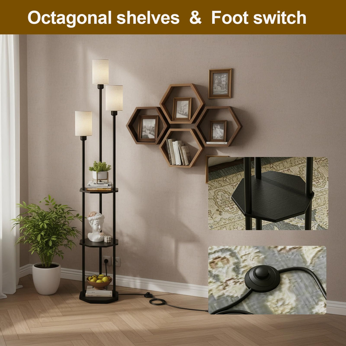 Floor Lamp with Shelves (Black and Beige)