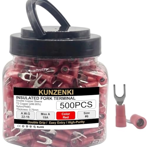 500pcs Nylon PA66 Insulated Fork Terminals (RED(A.W.G22-16) / #6(M3.5))