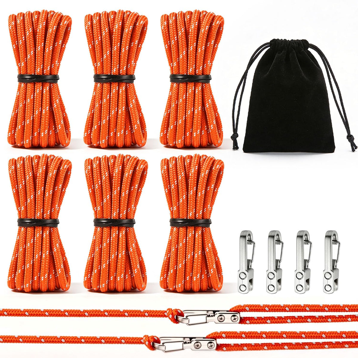 6 Pack Rope Tensioner Set with Alloy Buckles and Storage Bag (Orange / 6-Pack)