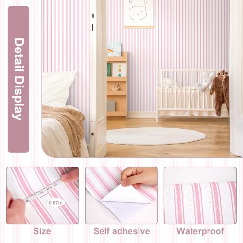 Pink and White Striped Peel and Stick Wallpaper Striped Pink Stripes Modern Contact Paper for Cabinets Bedroom Bathroom Accent Wall Decor
