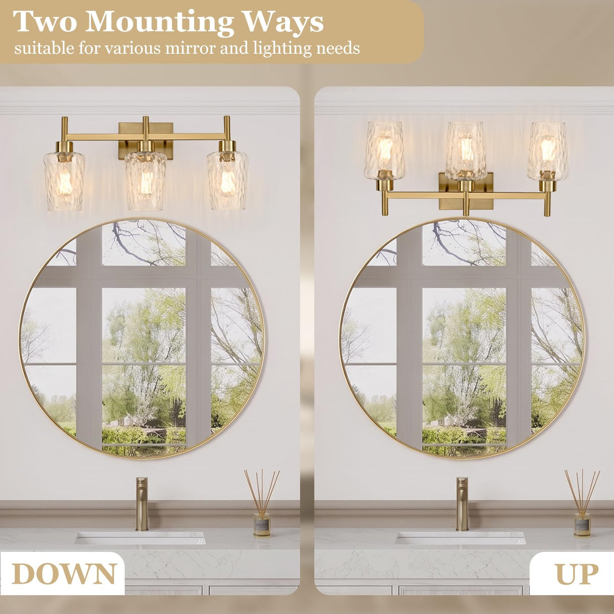 3 Light Bathroom Vanity Light Modern with Hammered Glass Shade (Gold / 3 Lights)