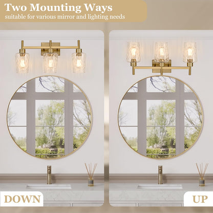 3 Light Bathroom Vanity Light Modern with Hammered Glass Shade (Gold / 3 Lights)