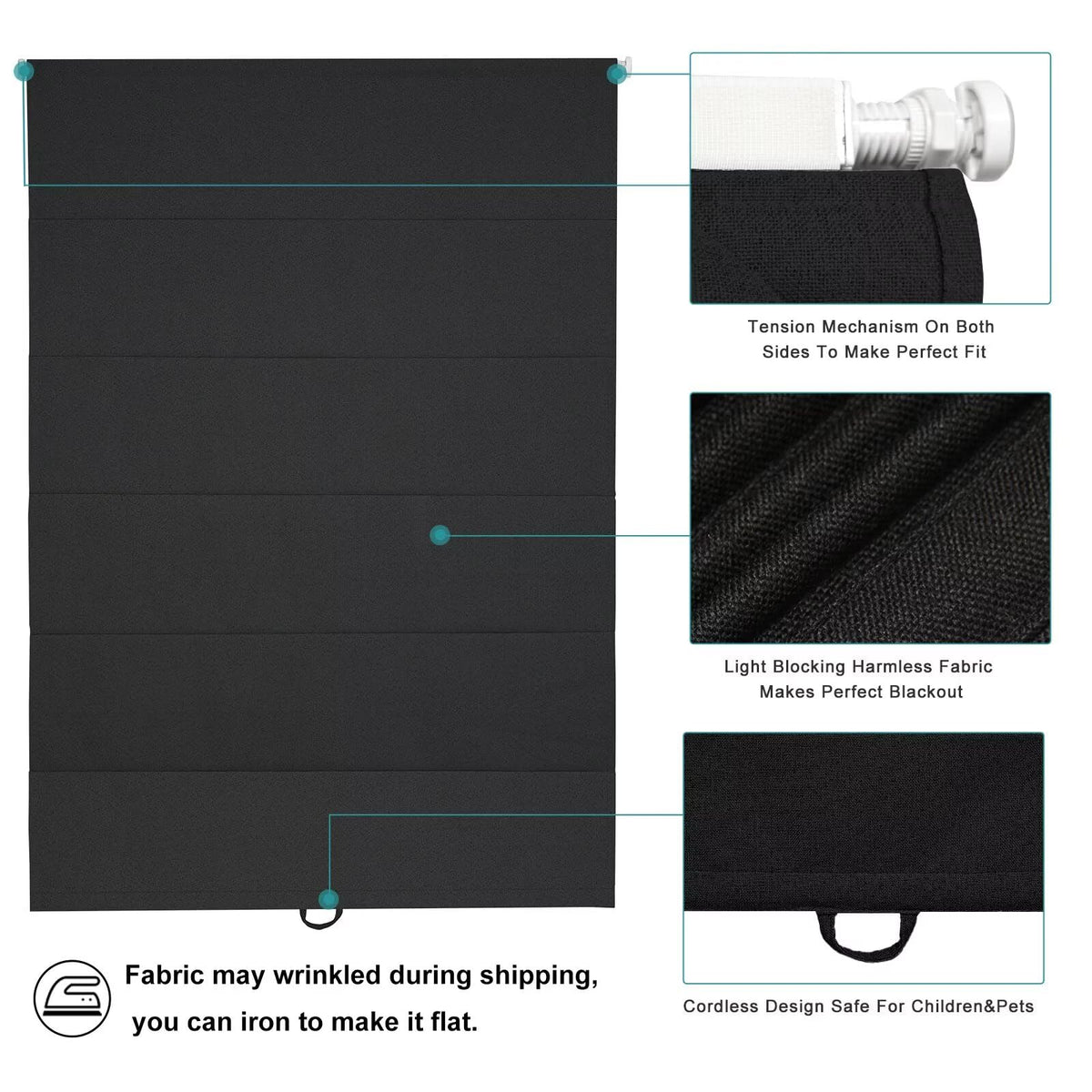No Drill Roman Shades Cordless Blinds Blackout for Indoor Windows (Black / 30"W x 64"H)