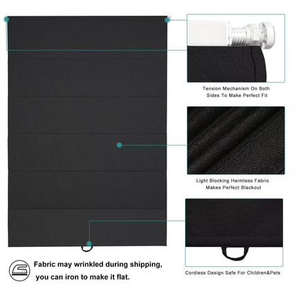 No Drill Roman Shades Cordless Blinds Blackout for Indoor Windows (Black / 30"W x 64"H)