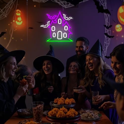 Haunted House with Flying Bat Halloween Neon Sign Dimmable Led Wall Decor (Haunted House)