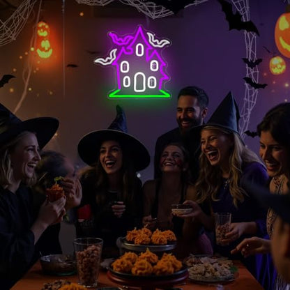 Haunted House with Flying Bat Halloween Neon Sign Dimmable Led Wall Decor (Haunted House)