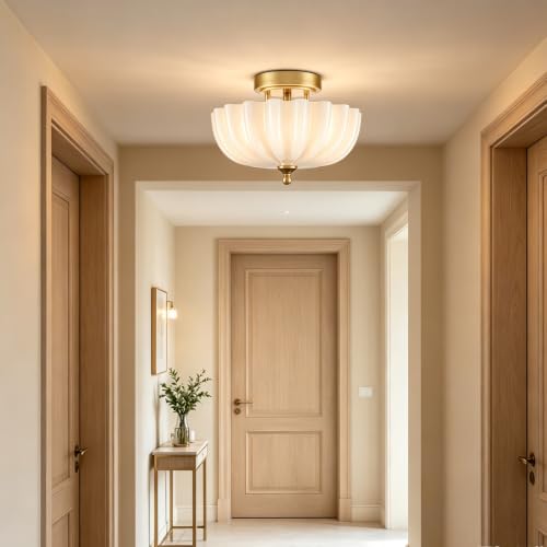 Modern Brass Semi Flush Mount Ceiling Light with Milky Glass Shade