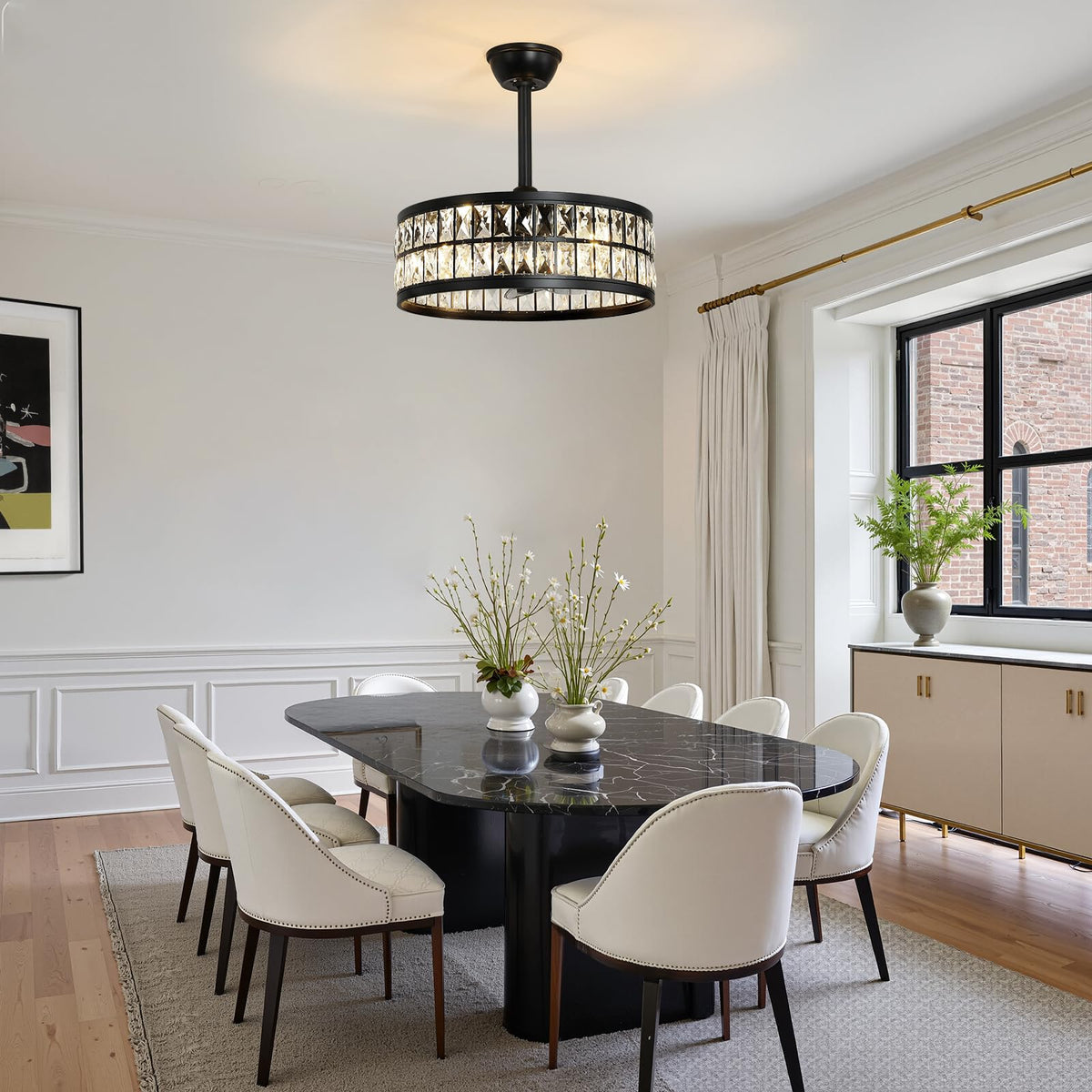 Black Caged Ceiling Fan with Light and Remote Control 19" Bladeless Crystal Modern Fandelier Semi Flush Mount Farmhouse Chandelier Ceiling Fan for Kitchen Bedroom Dining Room (Black)