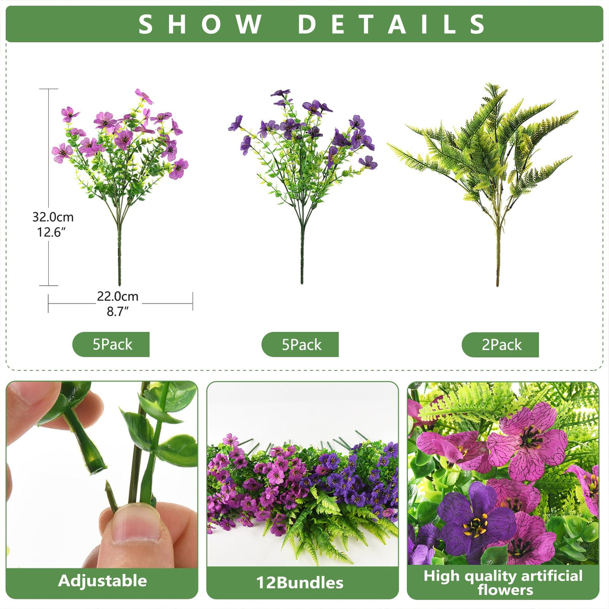 Artificial Flowers for Outdoor Faux Plants Fake Flowers Spring Decor (Light Purple Deep Purple / 12 PCS)