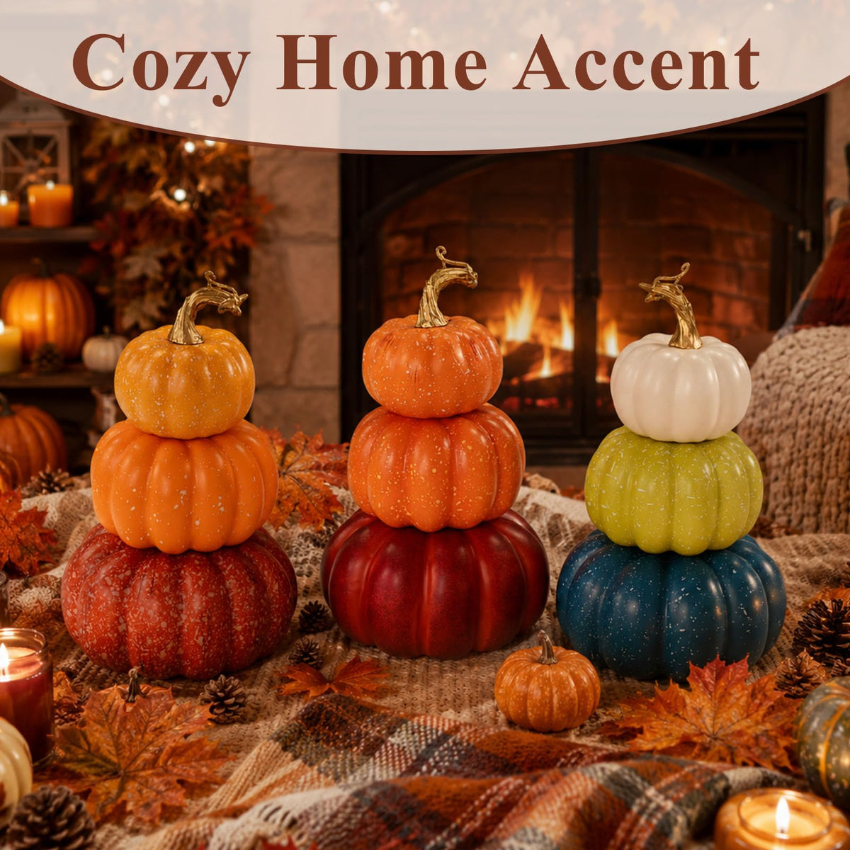 3Pcs 8.75" Stacked Pumpkin Tower Decor (Orange Blue & Yellow)
