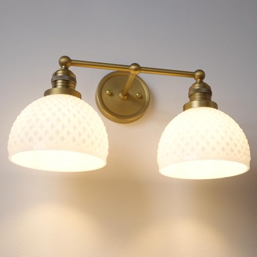 Vintage 2 Light Gold Bathroom Light Fixtures with Milk Glass (2-Brass)
