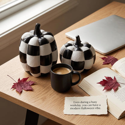 Black and White Checkered Pumpkins for Halloween Decoration Indoor (Black and White-2pcs / Resin)