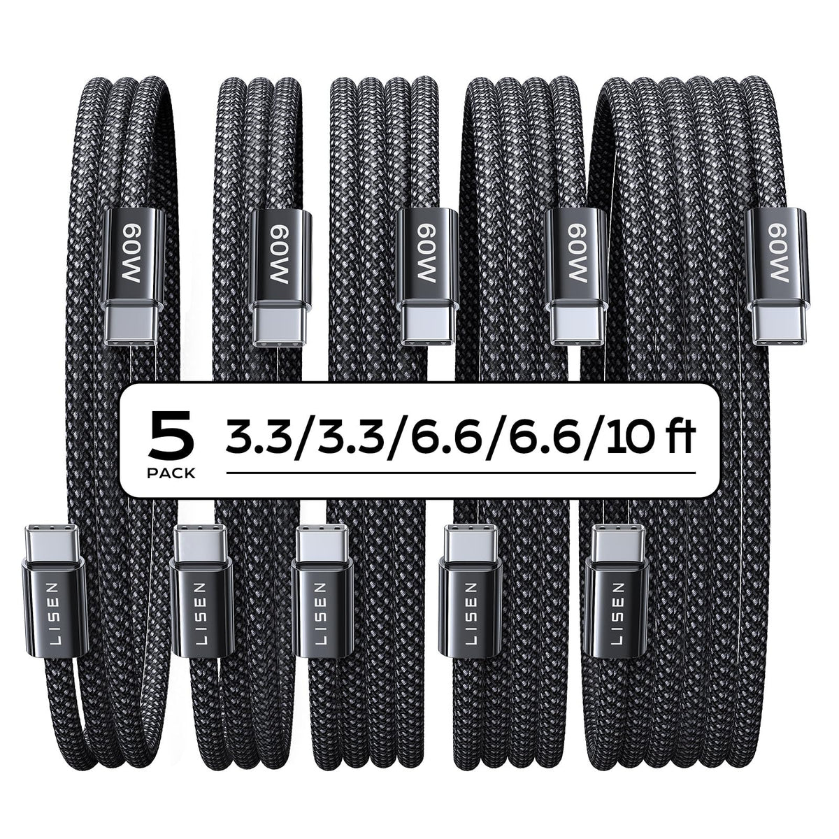USB C to USB C Cable 60W for iPhone 18 Pro Duo Charging Cable (3.3+3.3+6.6+6.6+10FT / Black)