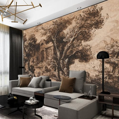 Brown Ink wash Natural Wildness and Classical Architectural relics Landscape Painting self (SDY-35 / 118" x 83")