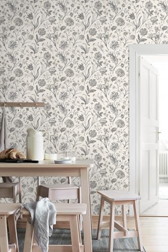 Beige and Black Floral Peel and Stick Wallpaper Floral 17in x 118in (Black / 17.3" x 118.1")