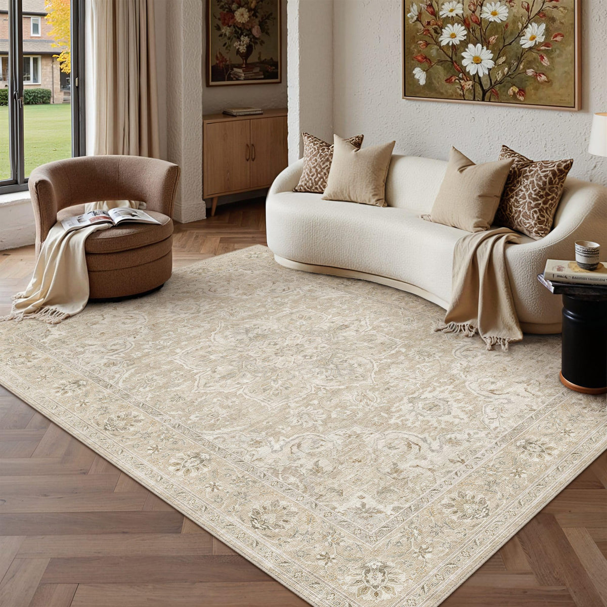 Beige Cream 5x7 Washable Area Rugs Vintage Indoor Carpet (E| Beige Cream / 5' x 7' (Rectangular))