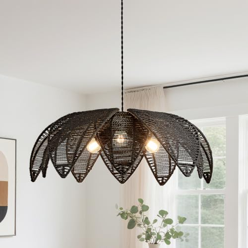 Boho Rattan Chandeliers Light Fixture Hand Woven Wicker Pendant Light Coastal Hanging Pendant Light for Living Dining Room Kitchen Island