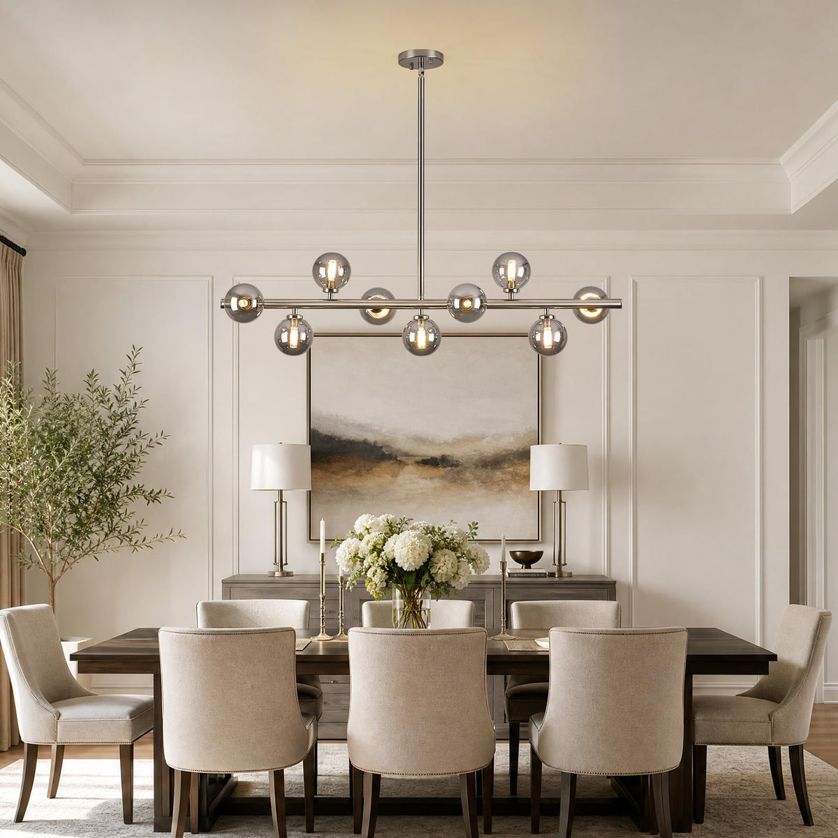Linear Sputnik Dining Chandelier (Nickel + Grey / 9-Light 40 Inch)