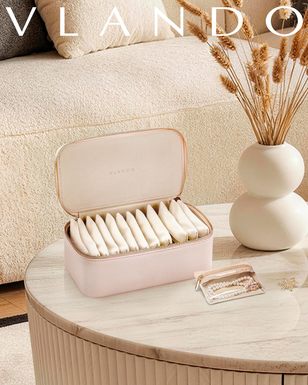 Jewelry Travel Case with 12 Clear Velvet Zipper Pouches (G.12 PCS Pink)