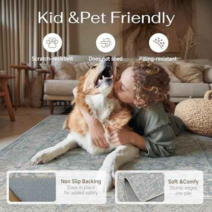 2x3 Blue Washable Area Rug Non Slip Retro Distressed Doormat (Distressed | Blue / 2' x 3' (Rectangular))
