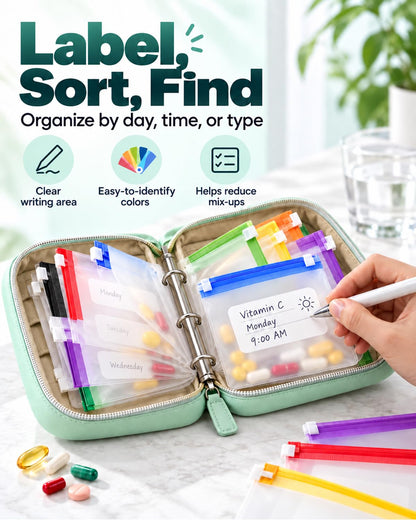 Waterproof Pill Organizer Pill Pouches for Travel 14 PCS Zippered Bags (White)