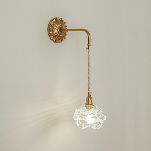French Retro Floral Glass Wall Sconce with Pull Cord