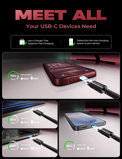 USB C to USB C Cable 60W for iPhone 18 Pro Duo Charging Cable (3.3+3.3+6.6+6.6+10FT / Black)
