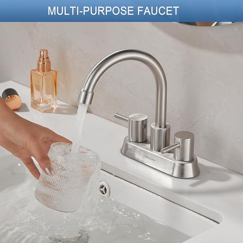 Bathroom Sink Faucet 4 Inch Two Handle Centerset Vanity Faucet Stainless Steel Touch On Faucets with Two Water Supply Lines for Bathroom Sink Vanity RV