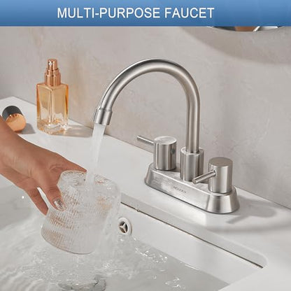 Bathroom Sink Faucet 4 Inch Two Handle Centerset Vanity Faucet Stainless Steel Touch On Faucets with Two Water Supply Lines for Bathroom Sink Vanity RV