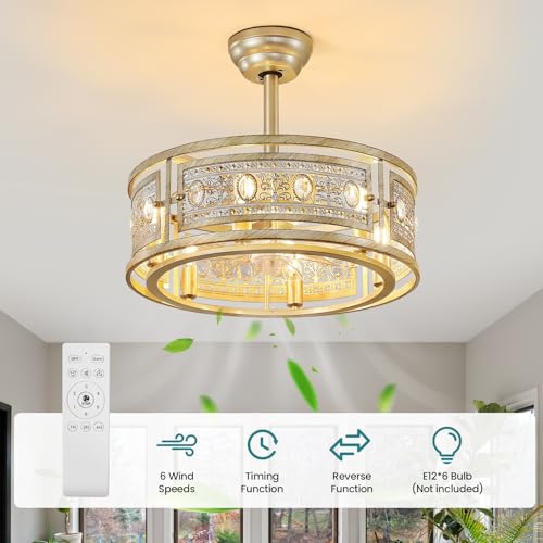 Farmhouse Fandelier Ceiling Fan with Lights 19 Inch Gold Rustic Vintage Crystal Ceiling Fan Antique Fandelier Semi Flush Mount Bladeless Chandelier Fan for Bedroom Living Room Dining Room (Gold / Downrod)