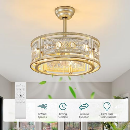 Farmhouse Fandelier Ceiling Fan with Lights 19 Inch Gold Rustic Vintage Crystal Ceiling Fan Antique Fandelier Semi Flush Mount Bladeless Chandelier Fan for Bedroom Living Room Dining Room (Gold / Downrod)
