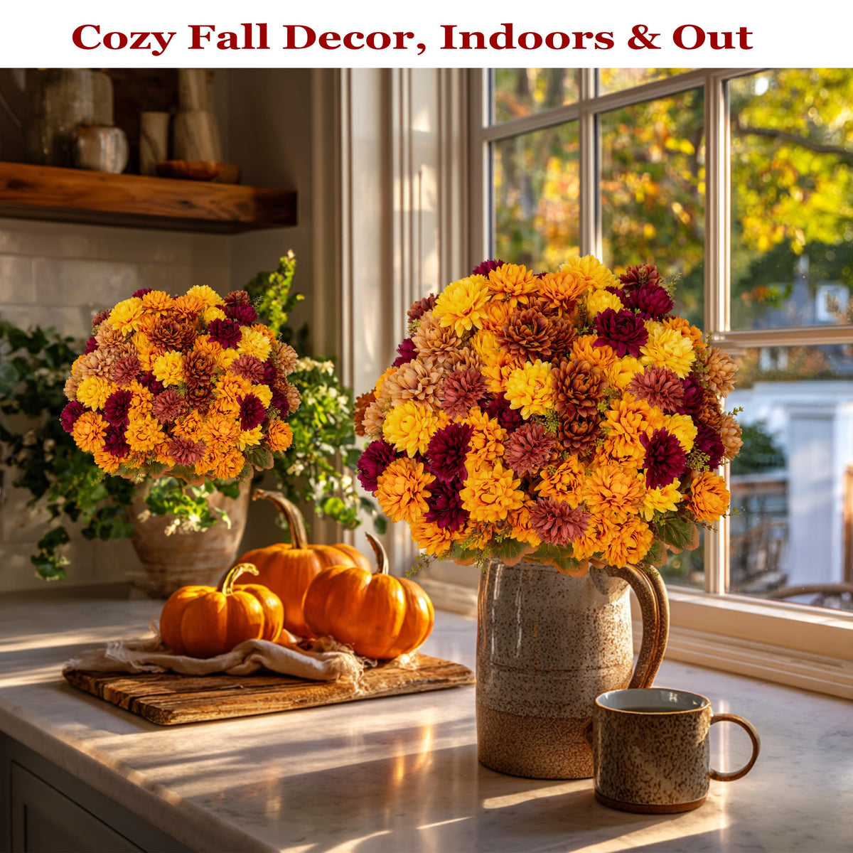 Artificial Mums for Outdoors (Multi-orange Yellow Burgundy Brown / 15.2 inches)