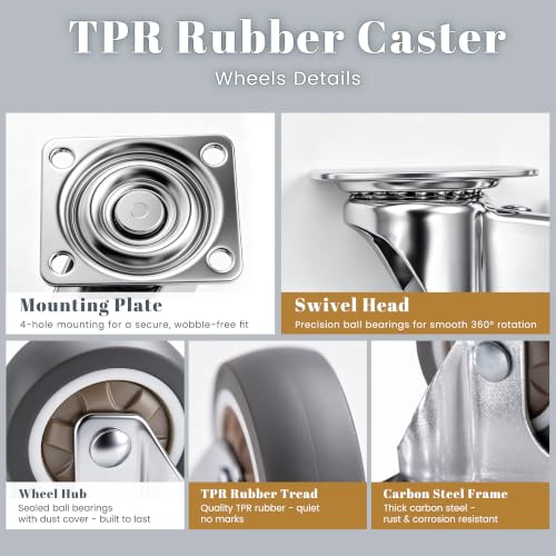 1" Silent Rubber 360 Degree Swivel Plate Casters (1" (no brake))