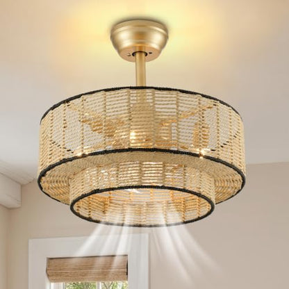 20" Rattan Boho Caged Ceiling Fan with Light Flush Mount and Remote