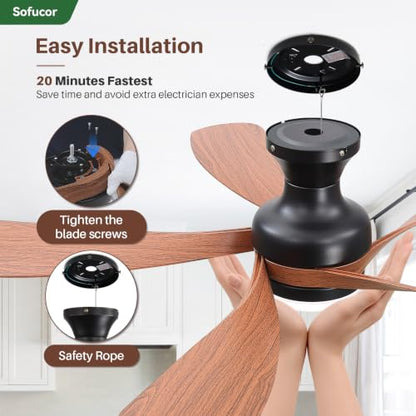 52 Inch Low Profile Ceiling Fans with Lights and Remote (Black+Brown / 52 inch)