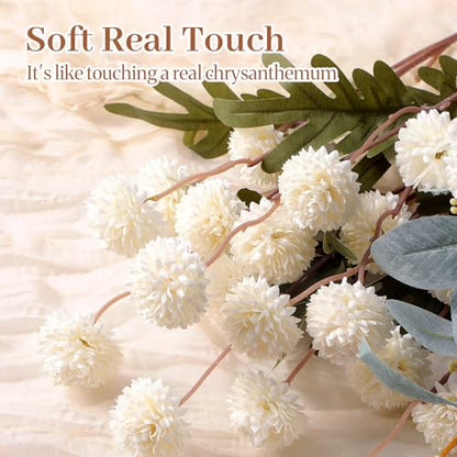 16Pcs Faux Silk Mums Artificial Flowers with Eucalyptus White (White)