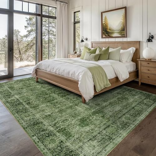 8x10 Washable Green Area Rug Vintage Rug for Living Room Bedroom (8'*10'(Rectangular) / Green)