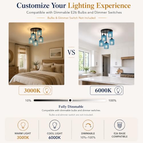 Black Ceiling Lights Semi Flush Mount 5 Lights with Blue Glass Shade (5Light-Blue)