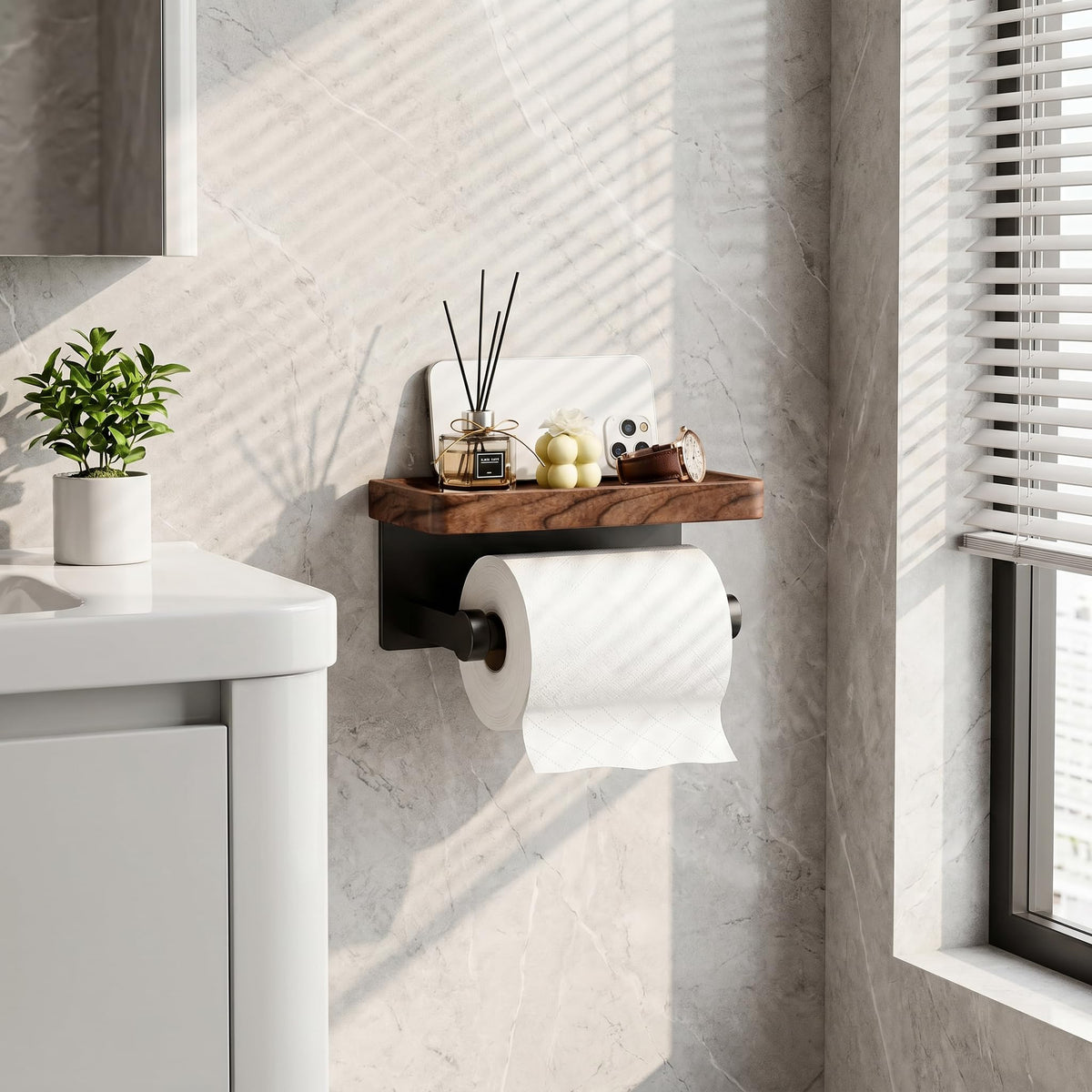 Toilet Paper Holder with Wooden Walnut Shelf (Without Cover)