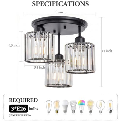 3 Light Semi Flush Crystal Ceilng Light