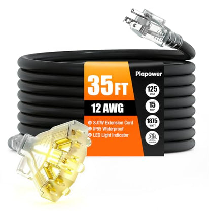 100FT 12 AWG Outdoor Extension Cord with Multiple Outlets Waterproof Black