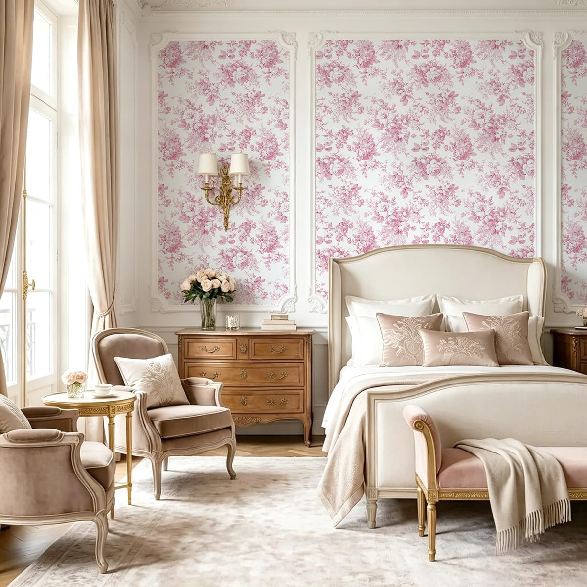 Floral Peel and Stick Wallpaper Pink Flower Paper 17in x 118in (Pink / 16.9" x 118.1")