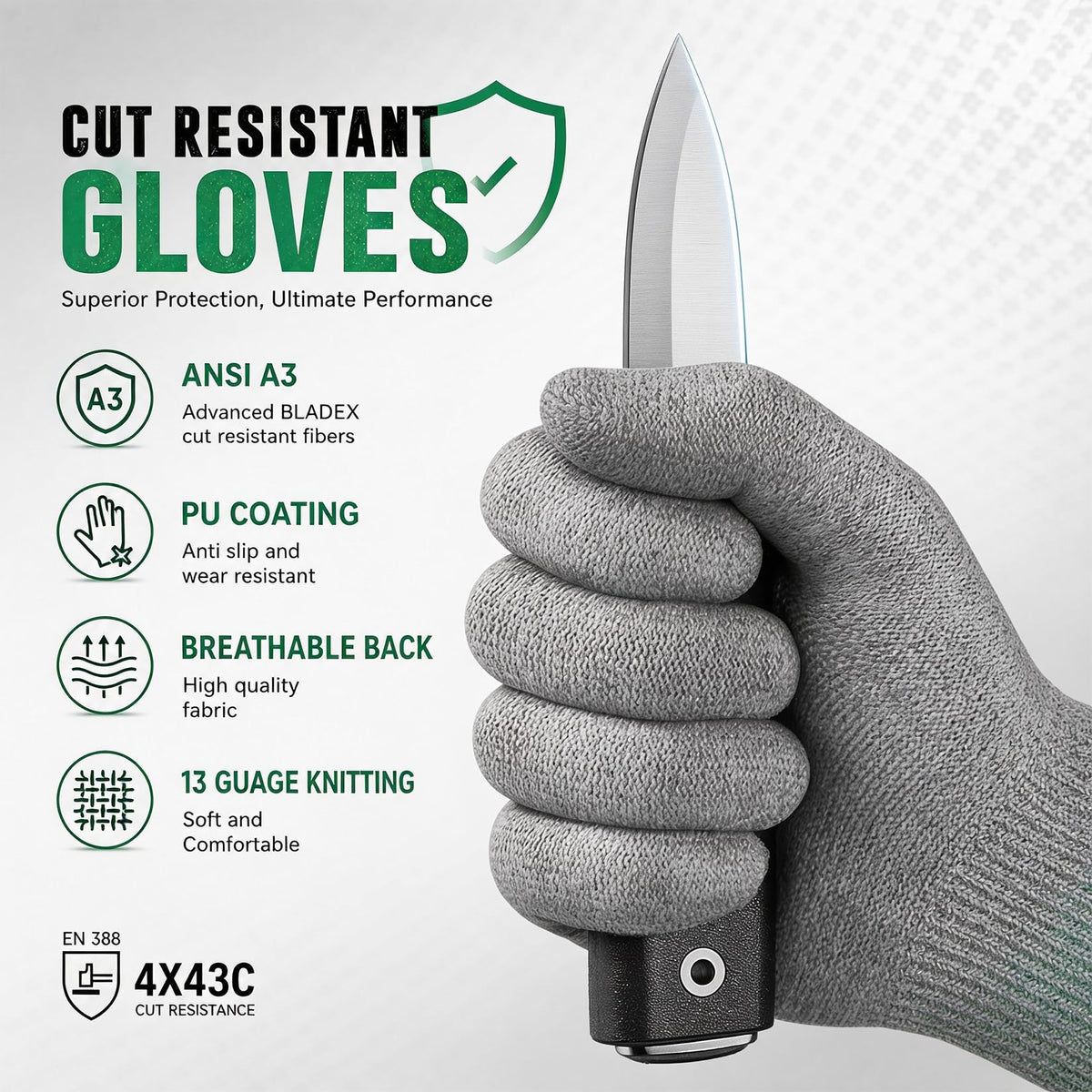 A3 Cut Resistant Work Gloves for Men & Women (Large)